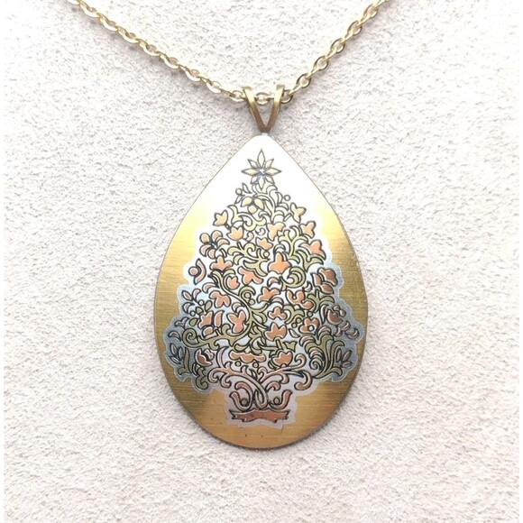 Reed & Barton 24k Gold Plate Silver Damascene Christmas Tree Pendant Necklace - Picture 1 of 10